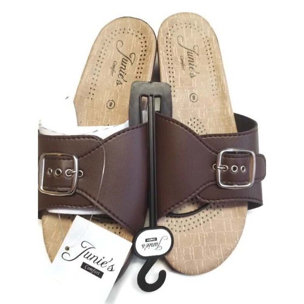 Junies Comfort Slip On Wedge Sandals Womens Size 8 Brown Single Buckle - Picture 2 of 4